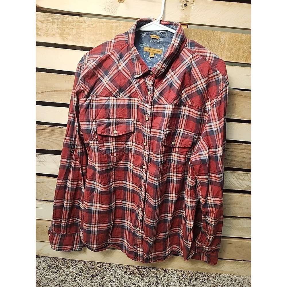 Jachs Girlfriend Womans Flannel Shirt 2xl Red Black Cotton Plaid Pearl Snaps